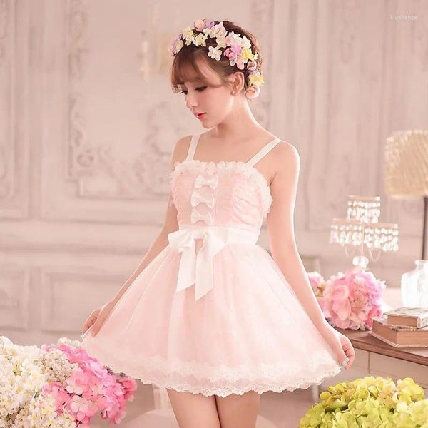 Sıradan elbiseler prenses tatlı lolita elbise şeker yağmur yaz Japon pembe yay dantel kolsuz omuz kayışları c15ab5788