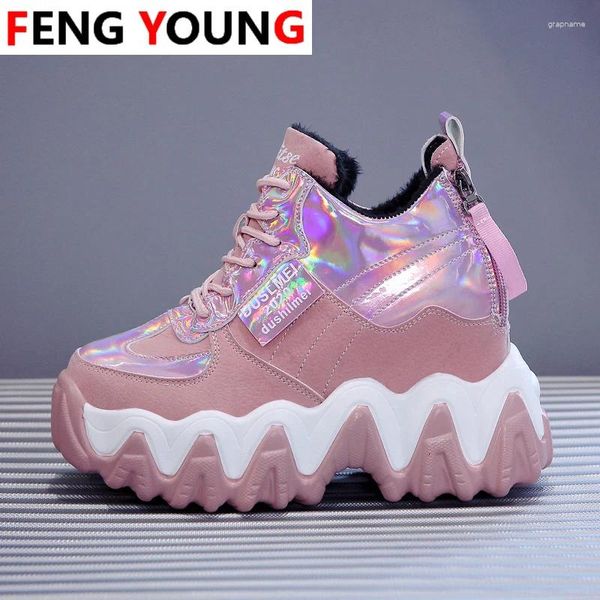 Fitnessschuhe Frauen Leder lässig Winter komfortable Plattform 10 cm Keilheels warme Stiefel dicke einzige Sneakers Frau