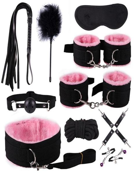 Nylon BDSM Sex Bondage Set Handschellen Brustwarzenklemmen Kragen Gag Peitsche Paar Paare Geschlechtsspielzeug für Erwachsene239U22K3728764