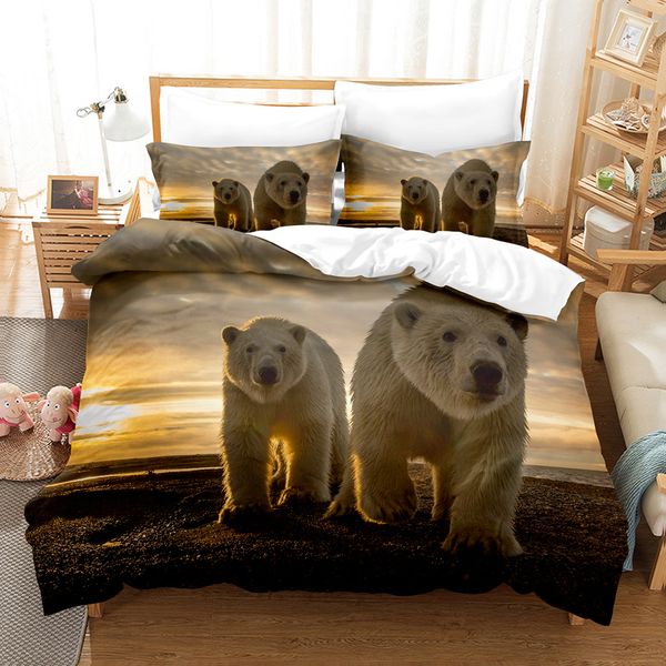 Cama de cama de padrão de urso branco Conjunto para a cama de quarto animais fofos e rainha completa rei tampa de edredão capa de colcha com travesseiro para criança