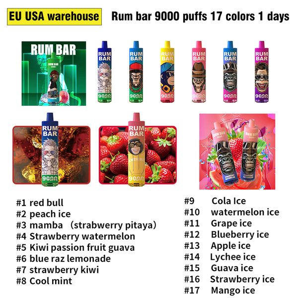 UE USA USA NOVO ORIGINAL RUM BAR 9000 PUFFS DISPOSIXÍVEL E-CIGARETtes 2 % 5 % 650MAH 18ML Bobina de malha autorizada com bateria recarregável 17 cores caneta vape leve