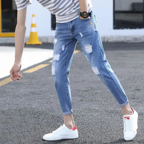 Coole Jeanshosen bequeme Ripped Löcher Schlankes Fit Denim Hosen koreanischer Stil Leichtes Männer Jeans tägliches Kleidungsstück