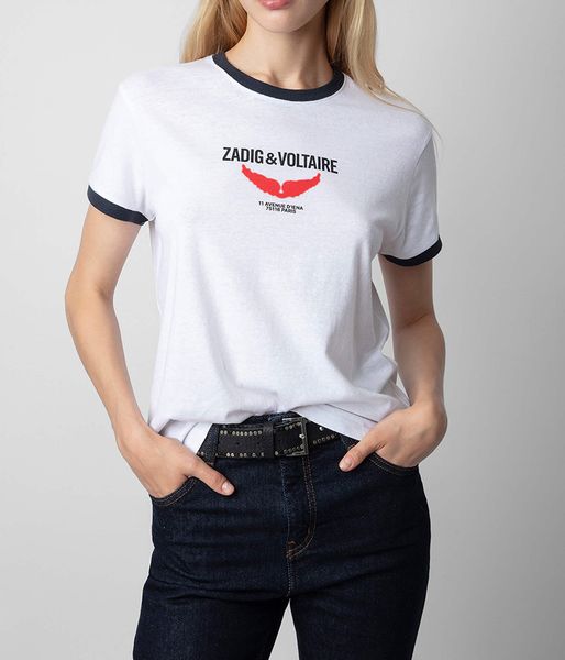 2024 Marca de moda francesa ZV Red Letter pequena letra de asa impressão contrastante cor contrastante de camiseta curta feminina