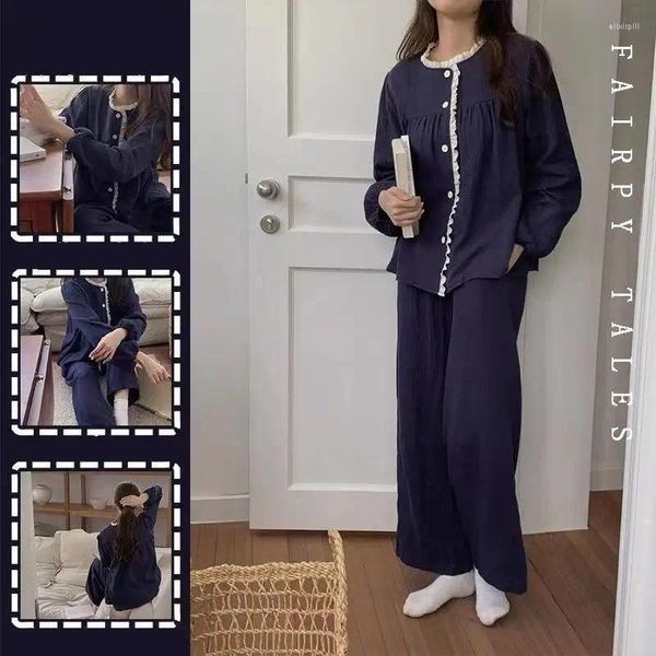Frauen Nachtwäsche süßer japanischer Pyjamas Einfacher Farbspitzenfeder und Herbst können als externes Heim -Outfit -Set getragen werden