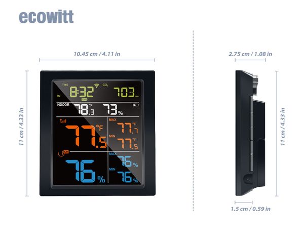 Поморочная станция Ecowitt WN1821 Wi-Fi, включающая 4,9-дюймовый ЖК-дисплей с встроенным детектором CO2, термогигометром, барометром и WN31