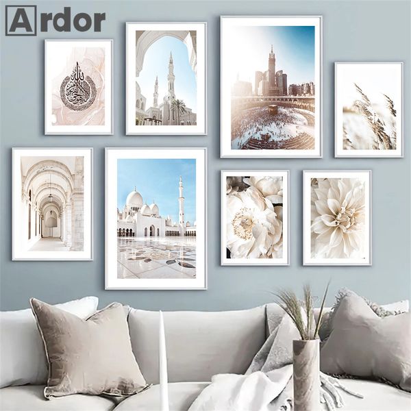 Moschea Desert Peony Moroccan Arch Poster Moschea Moschea e Stampe Arte della parete islamica Tela dipinto Immagini Soggiorno Decor interno