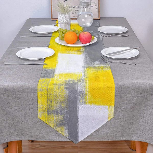 Abstrato de mesa de linho cinza amarelo corredores de mesa de cozinha decoração de mesa de fazenda lavável para a fazenda para decoração de casamento decoração
