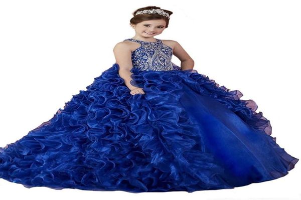 Luxo Royal Blue 2018 Girls Pageant Dresses Organza Ruffled Crystal Beads Princess Ball Gowns Party Festa para Wedding Flower Girl 7096971