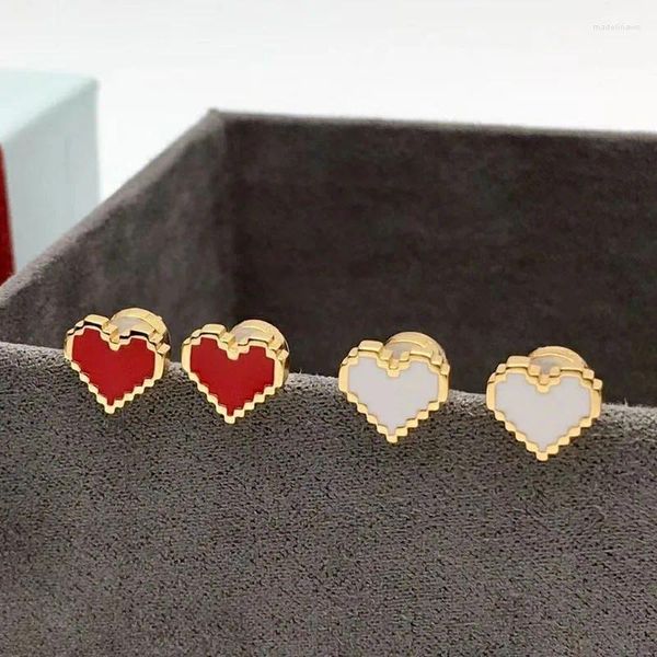 Gestüt Ohrringe Sljely Mode Real 925 Sterling Silber Gelbgold Farbe Rot und Weiß Pixel Liebes Herz für Frauen Brand Schmuck Schmuck