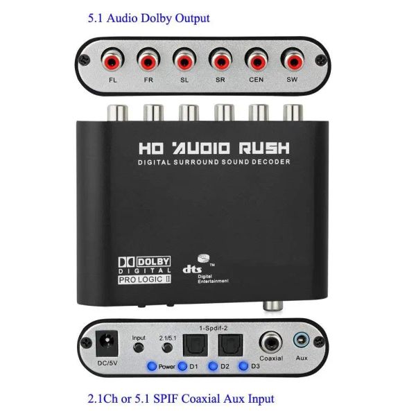 Connectores Digital 5.1 Decodificador de áudio Dolby Spdif DTS/AC3 Optical para 5.1Cannel RCA ANAGIMENTO ADAPTOR ADAPTOR DO ADAPTOR DE AUDIO