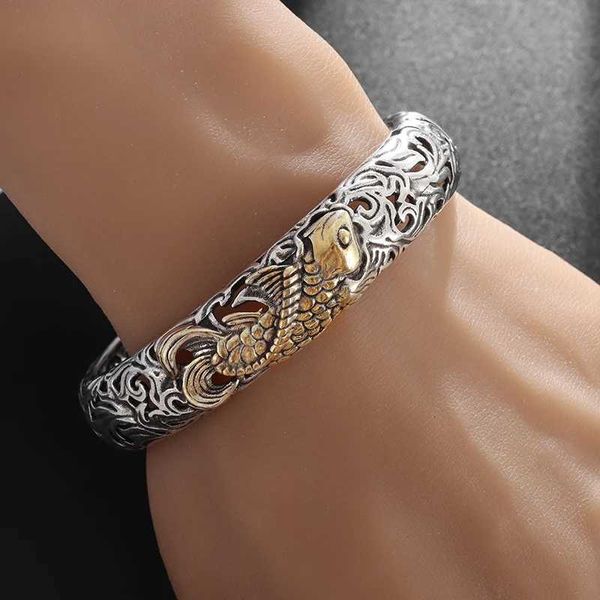 Bangle retrô punk koi peixe esculpido padrão masculino Bomens boa sorte Fashion Open Bracelet Jewelry Gift 24411