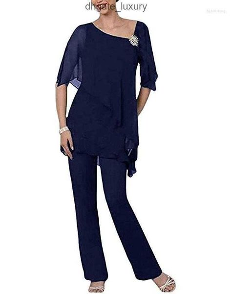 Frauen zweiteilige Hosen Chiffon Hosenanzug Navy 2 Stücke Mutter der Braut Kleider eleganter unregelmäßiger Top geradeaus für Hochzeitsabendparty