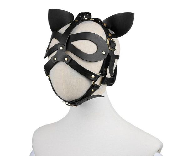 Erwachsene Anime Cosplay Kabelbindungs Bondage Head Hood Katze Ohren Ledermaske für Gesicht Frauen Männer Paar Accessoires Sex Spielzeug Black Red8072974