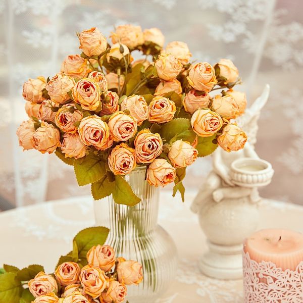 Rosas queimadas artificiais 12 cabeças de seda Flores vintage Gothic Rose Bouquet para vaso de casamento Tabela Centro