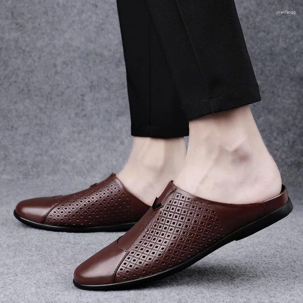 Sapatos casuais de alta qualidade de couro genuíno homens mulas de luxo meio deslizamento em moda plana de verão respirável marrom/preto/branco