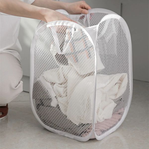 Mesh Pop Up Up Laundry Basket Storage Toy Organizer Bag Cestos de roupas dobráveis para dormitório, viagem de banheiro