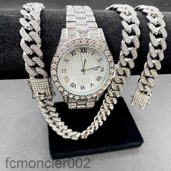 Ketten 3pcs Hip -Hop -Schmuck für Männer Frauen Jungen vereisere Uhren Halskette Armband Bling Diamant Kubaner Kette Choker Gold Set Jewlery Goth Uv03