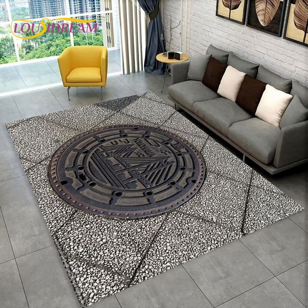 3D-Kunst-Mannloch-Cover-Stadt-Teppich, Teppichteppich für Wohnzimmer Schlafzimmer Sofa Fußmat Küchendekor, Kinder Nicht-Rutschbodenmatte HD