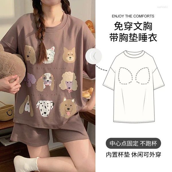 Heimkleidung Sommer kurzärmelige Shorts mit Brustpolstern und dünnen Pullover-Pyjamas für Frauen lässig losen Cartoon-Mädchen Kleidung