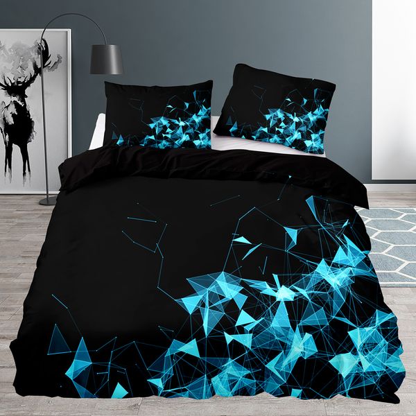 Tampa de edredão preta Tamanho queen, quarto abstrato azul geométrico de colcha de padrões 220x240 com conjunto de roupas de cama de fronhas