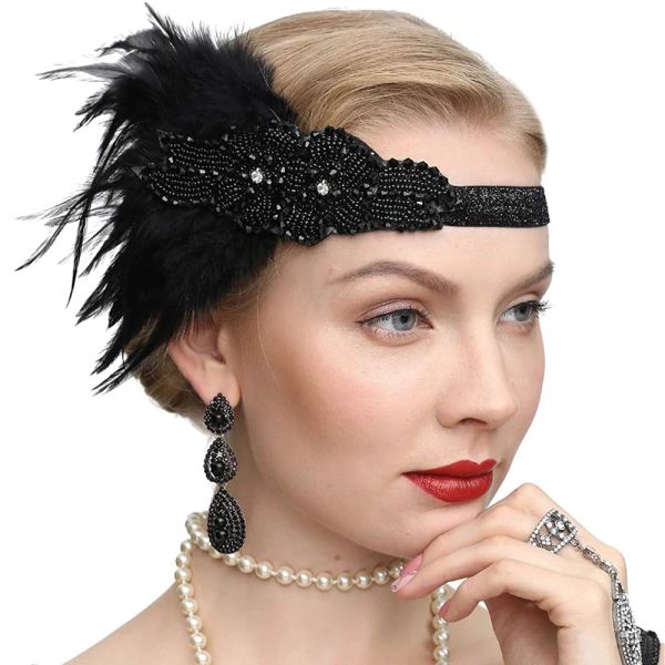 Ruggenti 20s Black Feather Brack Head Abch 1920 Flapper Women Women Testa di costume Great Gatsby Party Hair Accessori per capelli