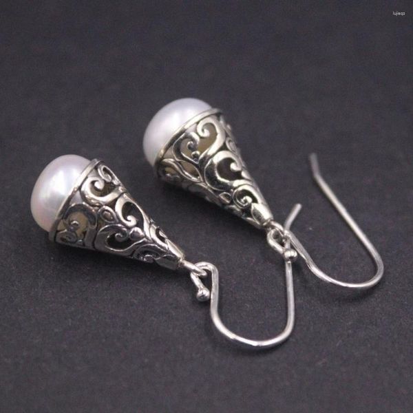 Orecchini a pennagliera solido reale 925 Sterling Sterling Silver Pearl Hollow Pattern Women Lucky