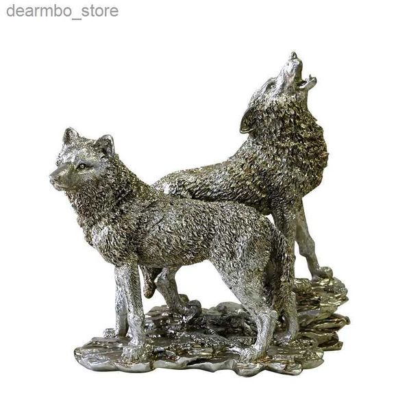 Artes e artesanato Mountain Wolf Fiurine resina Lobo de madeira casal em miniatura miniature wild animal totem decoração de tábua de artesanato coleta de artesanato l49