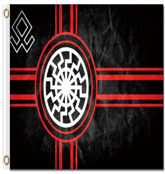 Цифровая печать Custom 3x5ft Black Sun Flag 90x150cm Polyester Kolovrat Slavic Symbol Sun Wheel Svarog Solstice Runes Banner3309525