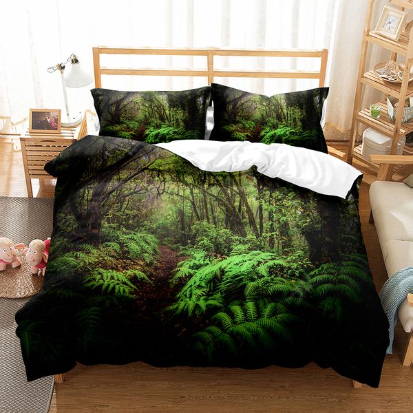 Grüne Dschungel Thema König Königin Full Bettbedeckung Waldbäume Bettwäsche Set Natural Landscape Quilt Cover Polyester Bettdecke Cover