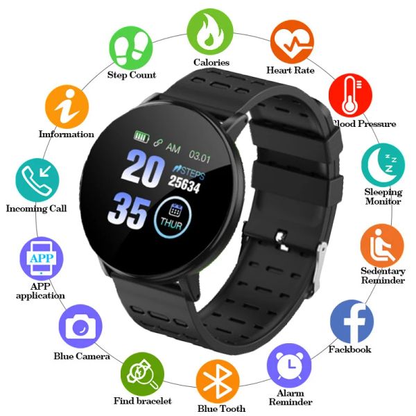 Relógios 119Plus relógio de elétron inteligente Homens Mulheres Pressão à prova d'água Sport Round SmartWatch Rastreador de fitness para Android iOS