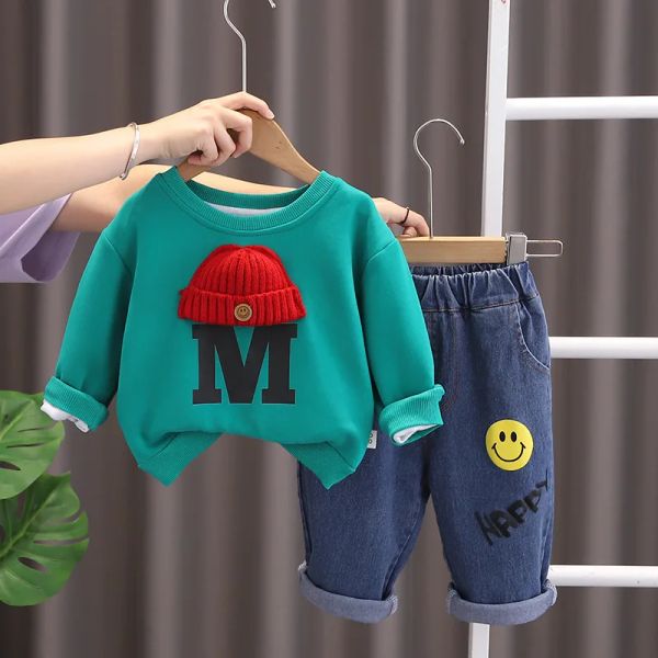 Calças luxuosas para bebês boutique roupas de desenho de desenho animado tshirts de manga longa e calças 2pcs roupas para crianças boutique time