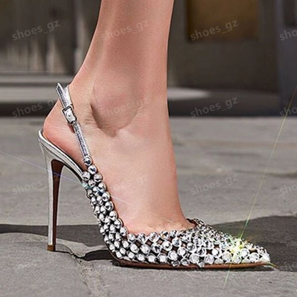 Sandali di sandali in cristallo di Aquazzura Slingbacks tagli tacco Scarpe da abbigliamento da stiletto Designi di lusso da donna Scarpe da sera in pelle con scatola originale