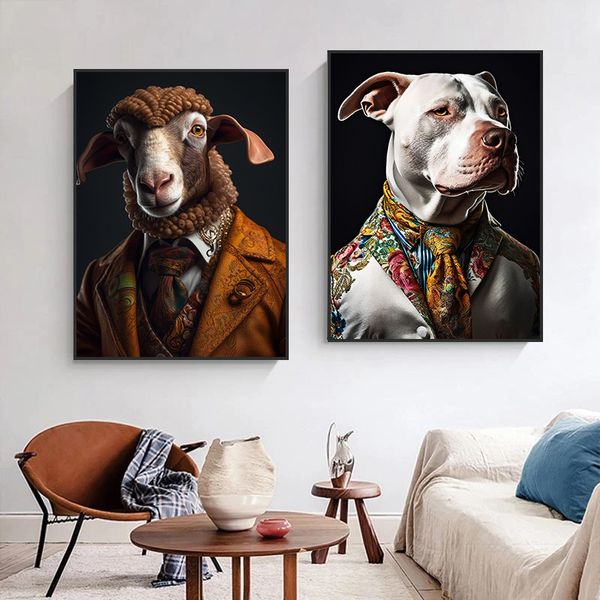 Abstrakte Tiere in einem Anzug Kunst Canvas Klassische Gemälde Poster und druckt Elefant Tiger Hunde Wandkunst Home Decor Wandbild