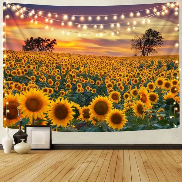 Tapeçaria de girassol Sunset Sunflower Field Tapestres Floral Plant Amarelo Tapestry de Flor para o quarto Decoração da sala de estar pendurada Cortina R0411