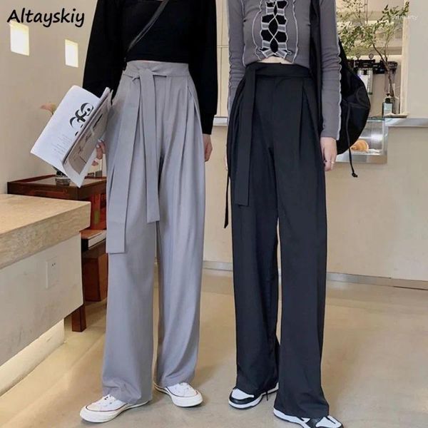 Calças femininas soltas para mulheres estilo coreano Design sólido Lacê de arco reto Meninas da primavera Meninas estudantes da moda Casual Casual Casual