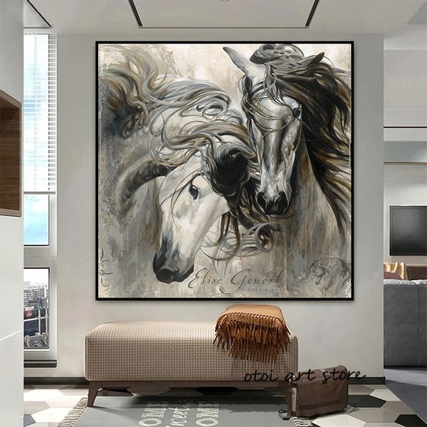 Vintage soyut çift at koşu atı at hayvan sanat poster tuval boyama duvar sanat baskıları oturma odası ev dekor için resim