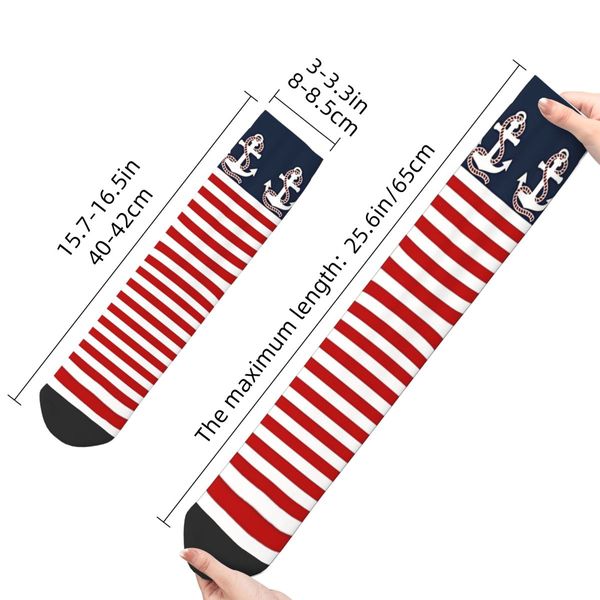 Meias Happy Men's Socks Náutico Red White Stripes e âncora vermelha no fundo azul Retro Harajuku Casual Tripulação Padrão de Presente