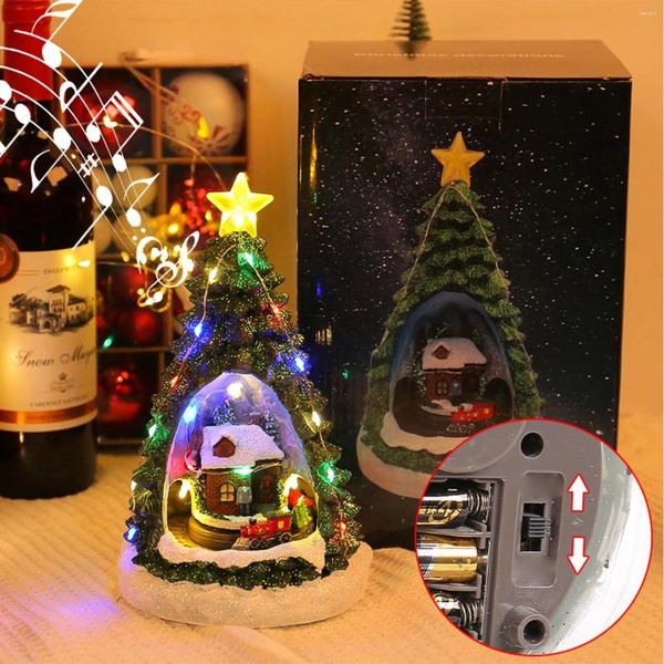 Dekorative Figuren leuchtet Mini Weihnachtsbaumform Musikbox Luminöses Nachtlicht rotierende Zugharzhandwerk Home Ornamente