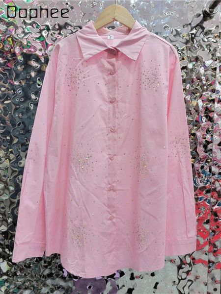 Frauenblusen süße rosa Bluse Tops 2024 Frühling Herbst Pendelstil Loose Casual Mid-Legth Diamond Langarm Shirt für Frauen