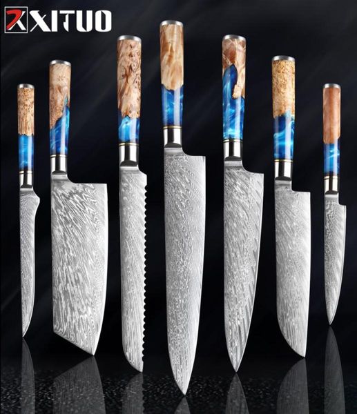 Xituo Kitchen Kinvesset Damascus Steel VG10 Chef Newaver Cleaver Caring Hread Нож СИНЕ Смола и цветная ручка для приготовления