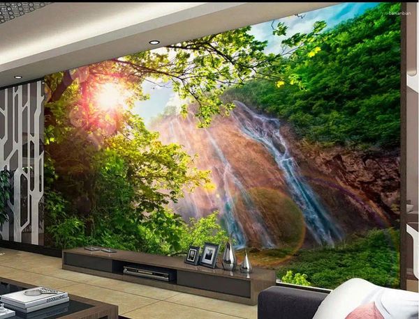 Tapeten Tapete für 3D -Home Dekoration Wunderland Landschaft Green Forest Mountain Bream Waterfall Landschaft Hintergrund