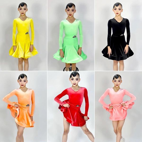 Bühnenbekleidung 7 Farben Kinder Performance Latin Tanzkostüm Mädchen professionelles Kleid langärmeliger Samt Ballsaal