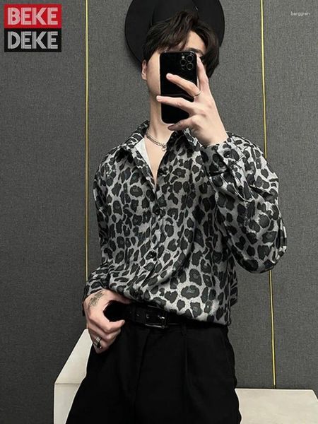 Camisas casuais masculinas primavera verão masculino padrão de leopardo de camisa impressa de manga longa de rua de rua de rua de rua única Tops de moda masculina de moda masculina