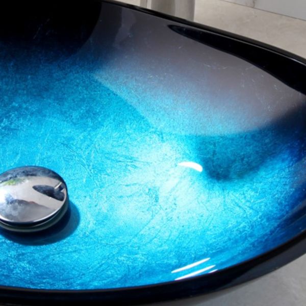 Bacia de banheiro Sinlaku Conjunto de vidro de vidro temperado azul Navio montado com alça única Cachoeira de torneira Hight Water Cold Water Taps