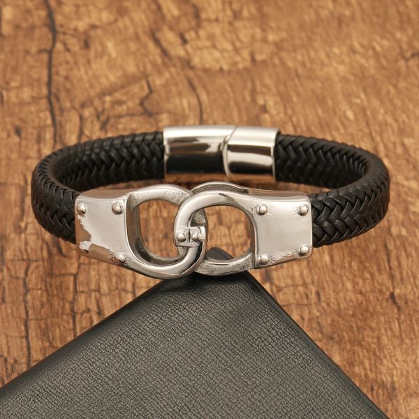 Personalidade de estilo punk handcuffs de aço masculino pulseira de couro