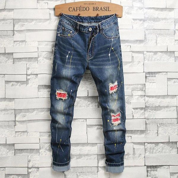 Jeans maschile magro strappato blu lavati pantaloni slim denim patch patch vernice dot hop hop maschi pantaloni