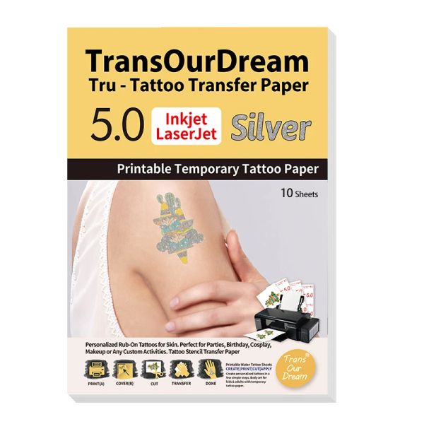 Forniture transourdream A4 10 fogli stampabile carta da trasferimento di tatuaggi temporanei per stampante laser a getto d'inchiostro fai da te per la pelle con effetto sier