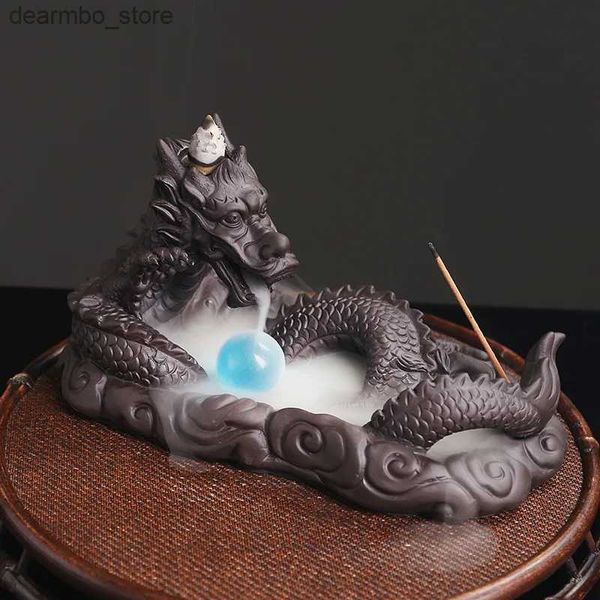 Arti e artigianato Draon con palla di backflow incenso bruciatore artigianato in ceramica supporto per incenso decorazioni per la casa decorazione di argilla viola argilla lotus censer L49