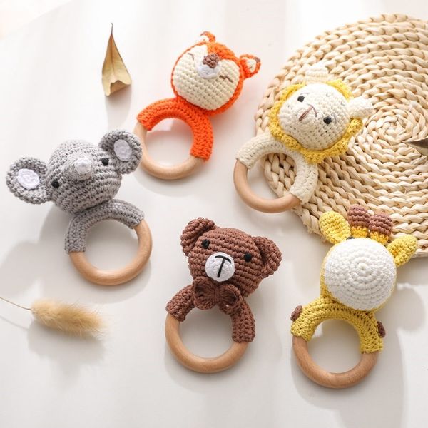 1pc Baby Caples Crochet Bunny Rattle Toy Wood Ring Legno Teethe Rodent Gym Gym Melie Mobile Rattles Regi di giocattoli educativi neonati