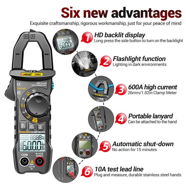 ANENG CM82 Medidor de grampo digital DC/AC Current Multímetro 6000Counts Amperdício de tensão Vestar Amp Hz Capacitância Ferramenta de teste OHM